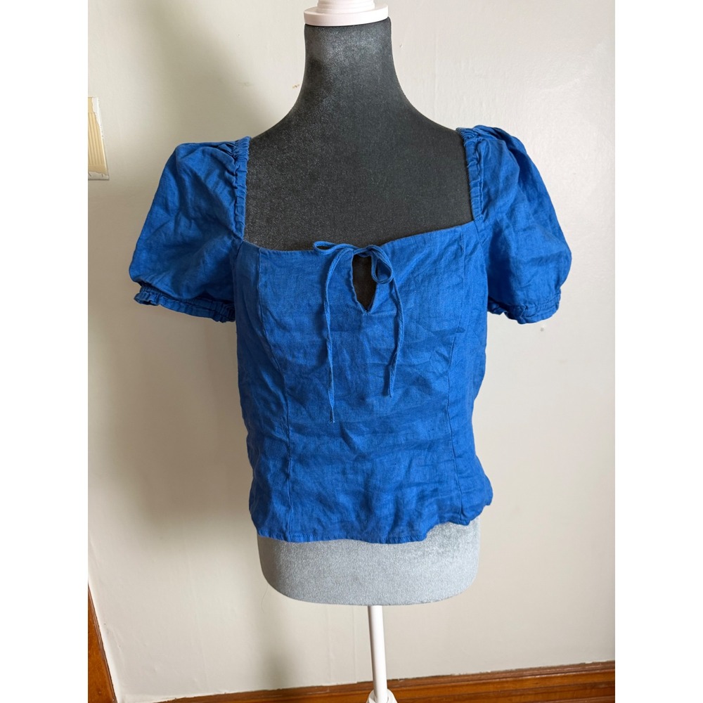 Blue Linen Puff Sleeve Milkmaid Top Smocked Back keyhole lagenlook euro summer M
